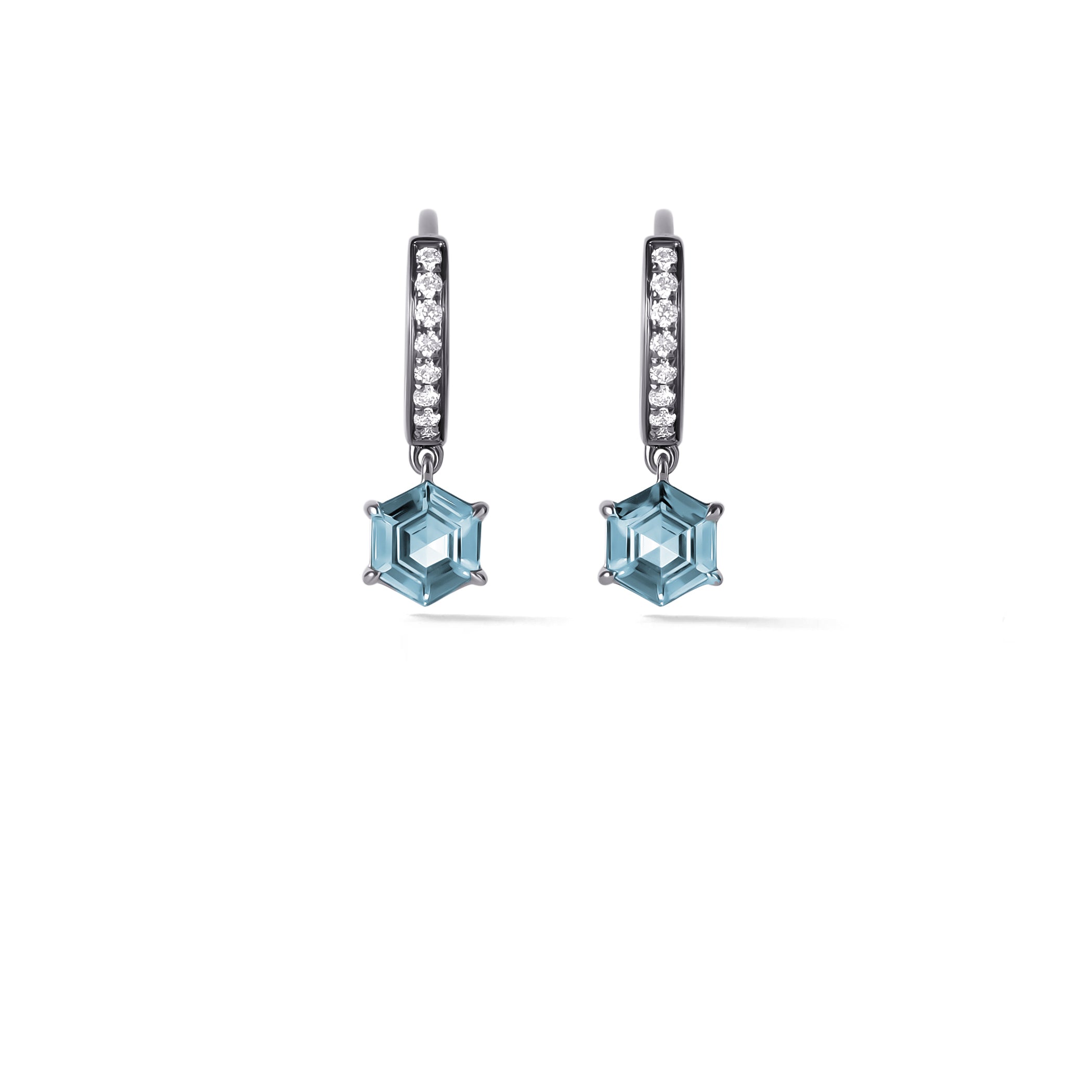 Hero Hoops in 18K Blackened White gold with 0.77ctw Hexagon Shaped Montana Sapphires and White Diamond Pavé