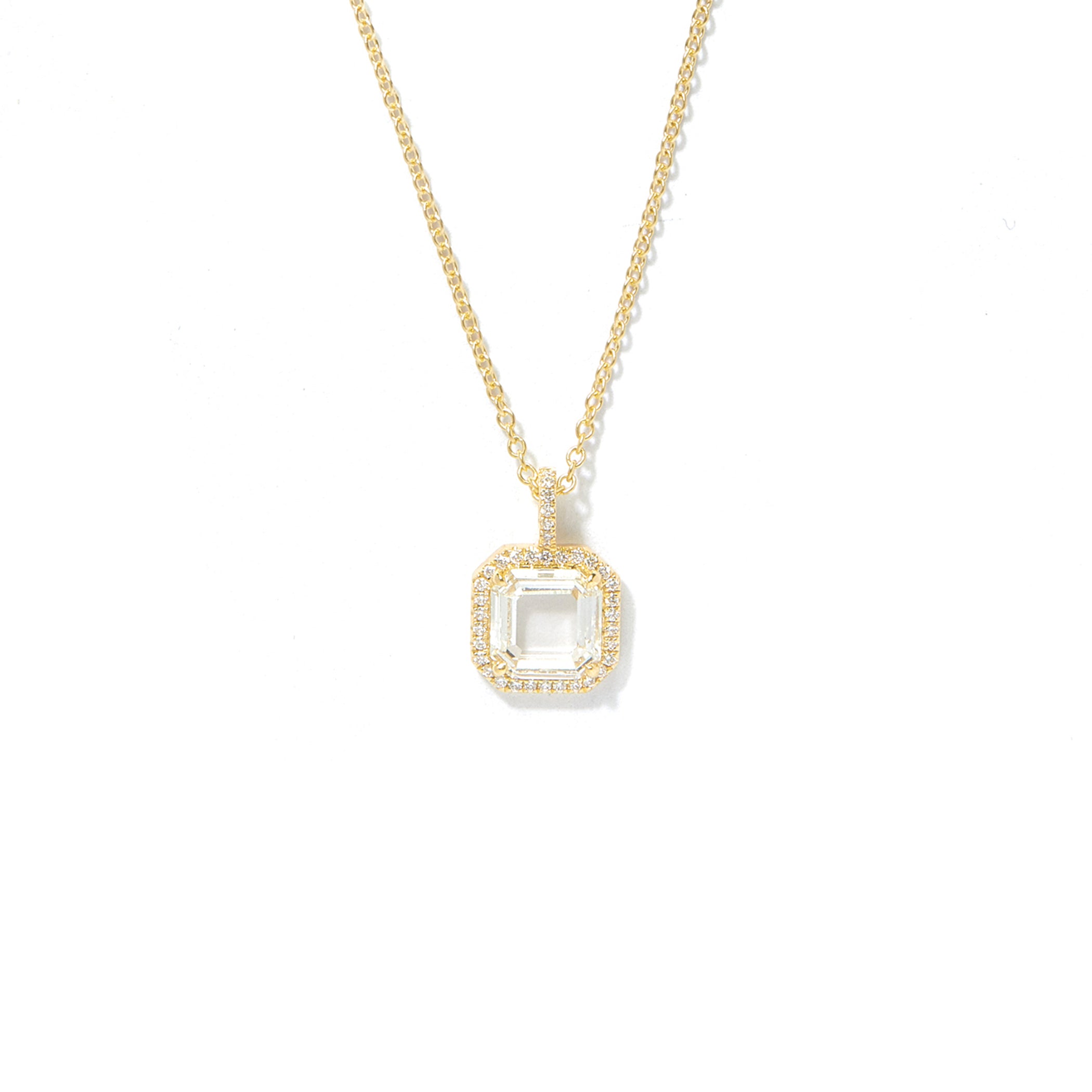 Radiant Prism Pendant in 18K Yellow Gold with 0.60ct White Portrait Cut Diamond and White Diamond Pavé