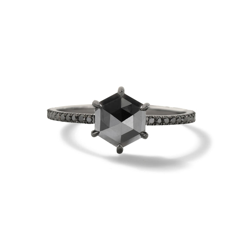 The  Fia in 18k Blackened White Gold with 1.13ct Hexagonal Shaped Black Diamond and Black Diamond Pavé