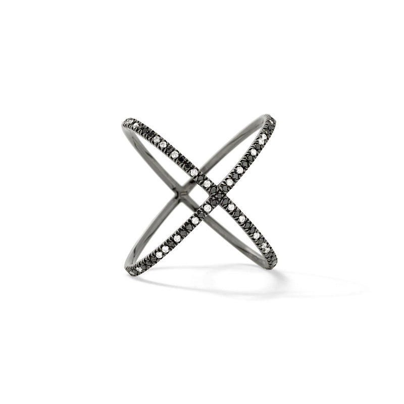 X Ring static in 18K Blackened White Gold with White and Black Diamonds