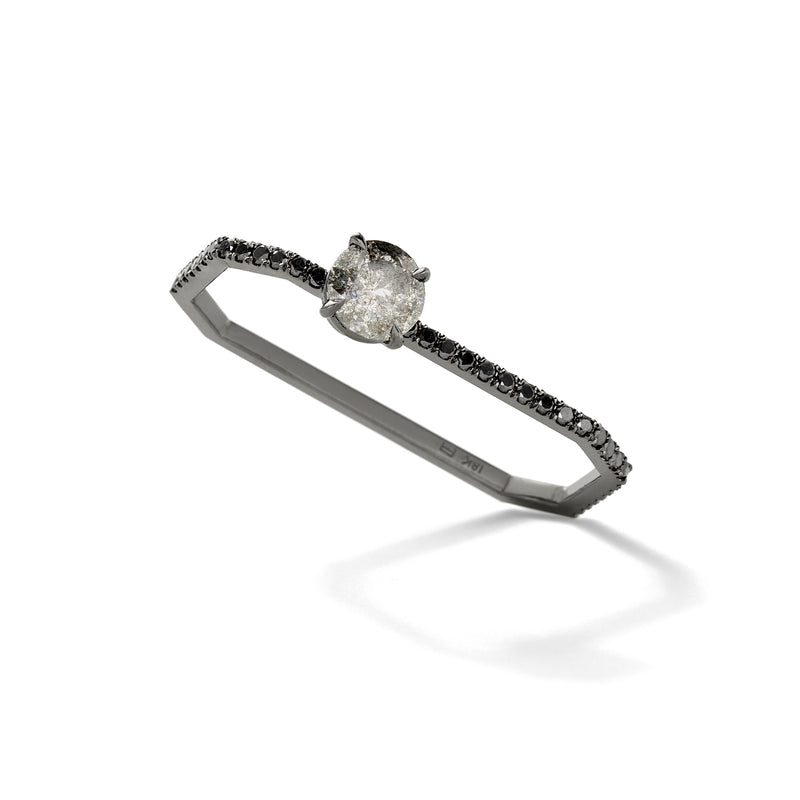 Solitaire Double Finger Ring in 18k Blackened White Gold with Black Diamond and Grey Diamond Solitaire