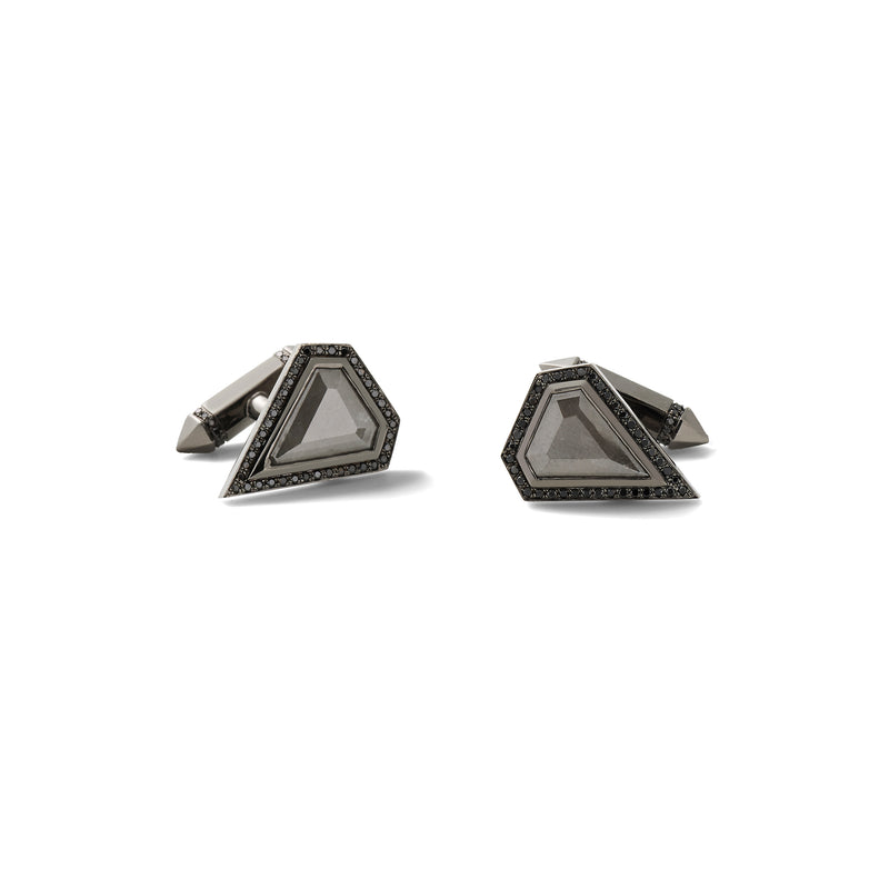 Shield Cufflinks in 18k Blackened White Gold with 2.96ct shield cut grey diamonds and black diamond Pavé