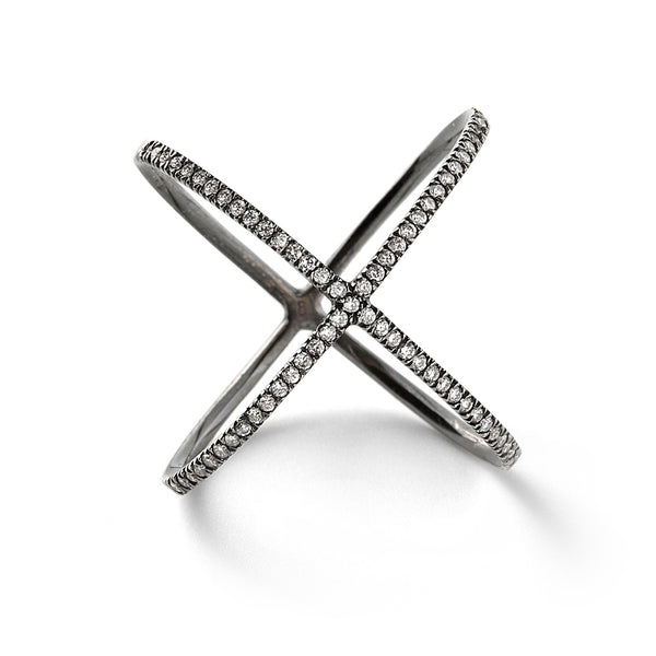 X Ring in 18K Blackened White Gold with White Diamonds