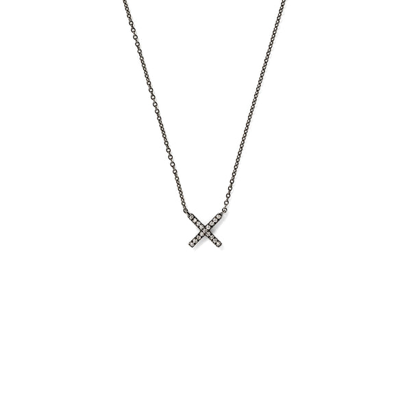 Tiny X Pendant in 18K Blackened White Gold with White Diamonds