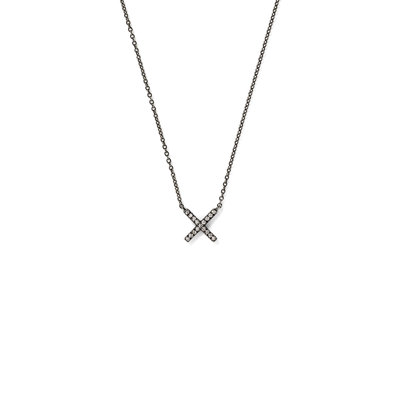 Tiny X Pendant in 18K Blackened White Gold with White Diamonds