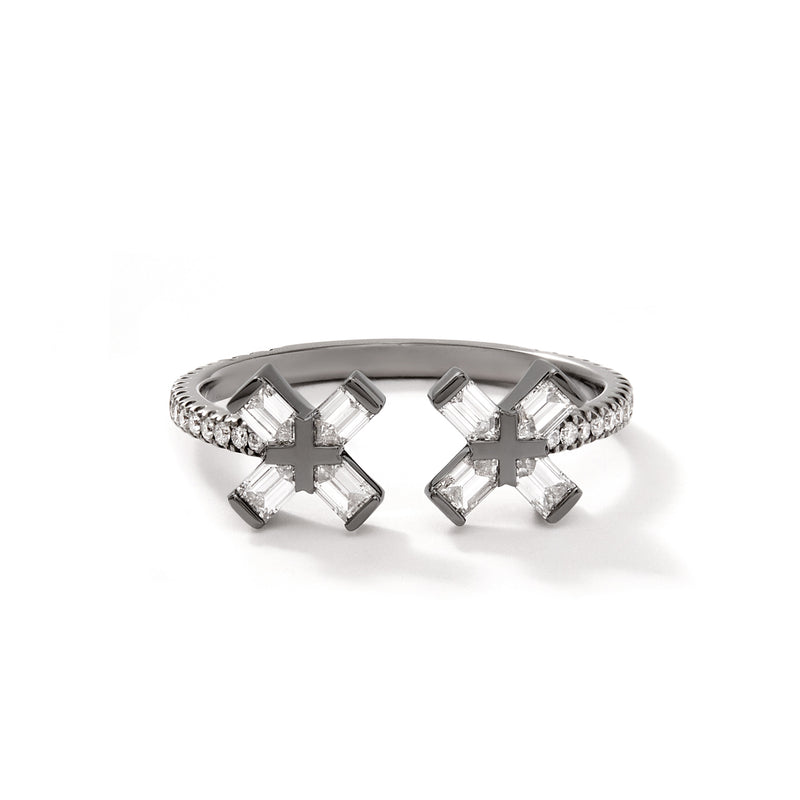 Exploding Double X Shaped Diamonds set in 18K Blackened White Gold with White Diamond Pave Ring