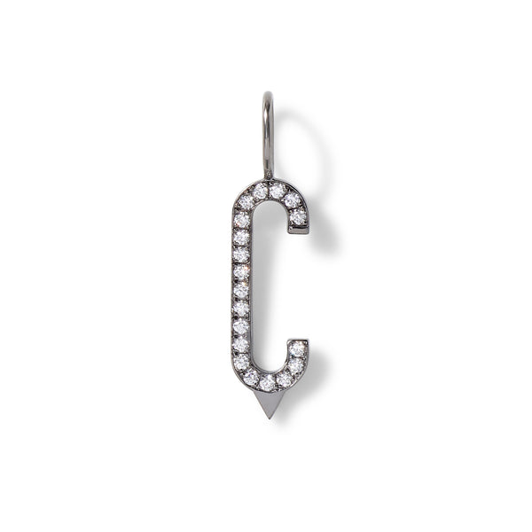 Large Diamond Initial Charm in 18K Blackened White Gold with White Diamonds