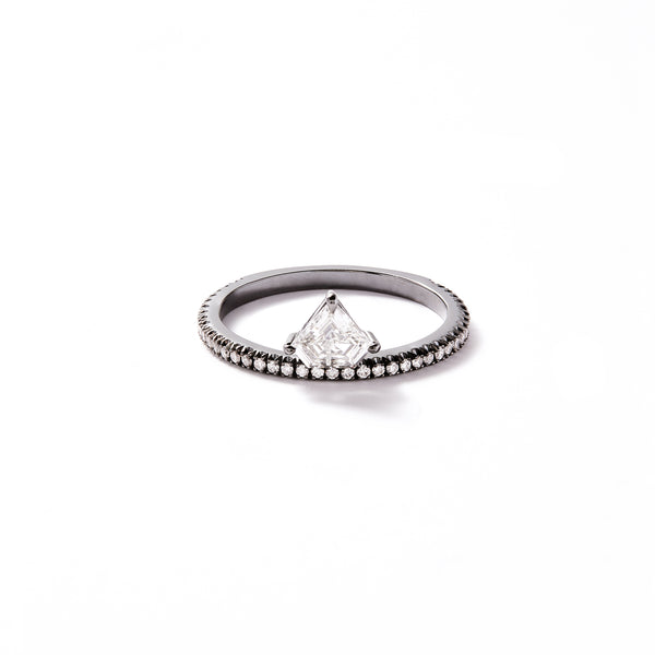 Offset Kent Ring - in 18K Blackened White Gold with 0.36ct Shield Shaped White Diamond with White Diamond Pave