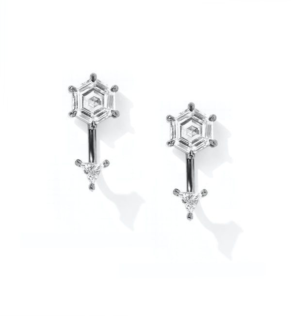 Offset Ear Jackets in Blackened Platinum with Geometric White Diamonds