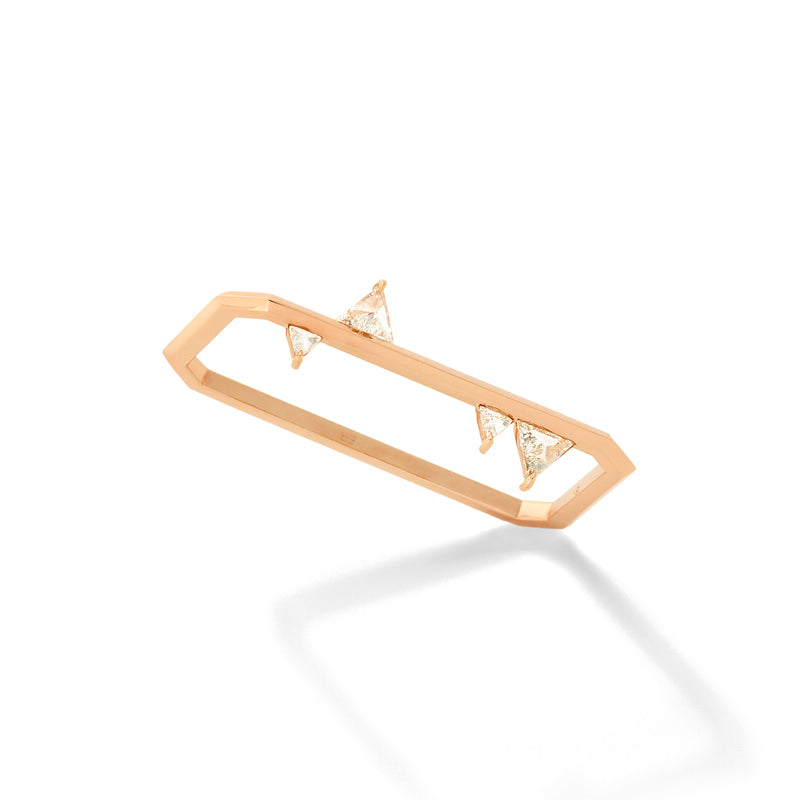Trillion Double Finger Ring in 18K Rose Gold with Inverted  White Diamonds with Bevel Detail