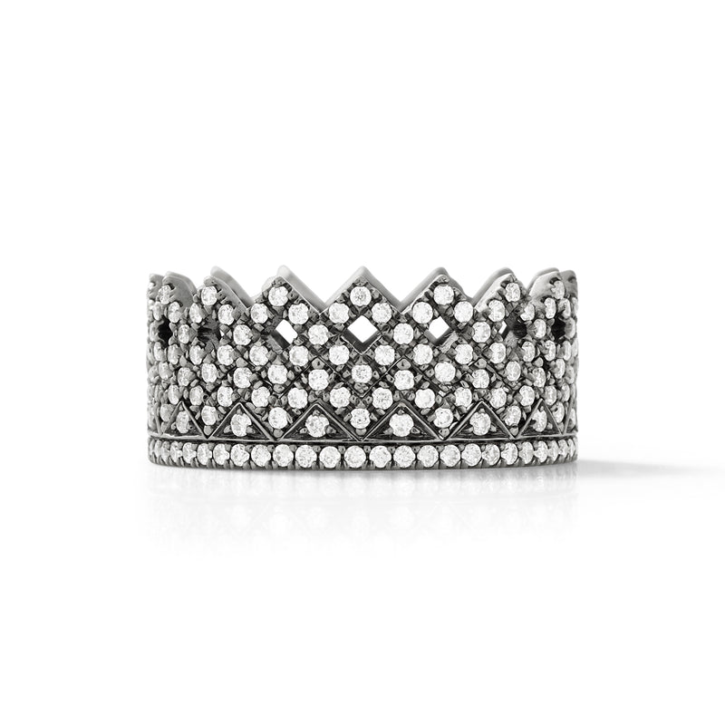 Crown Ring in 18K Blackened White Gold with White Diamonds