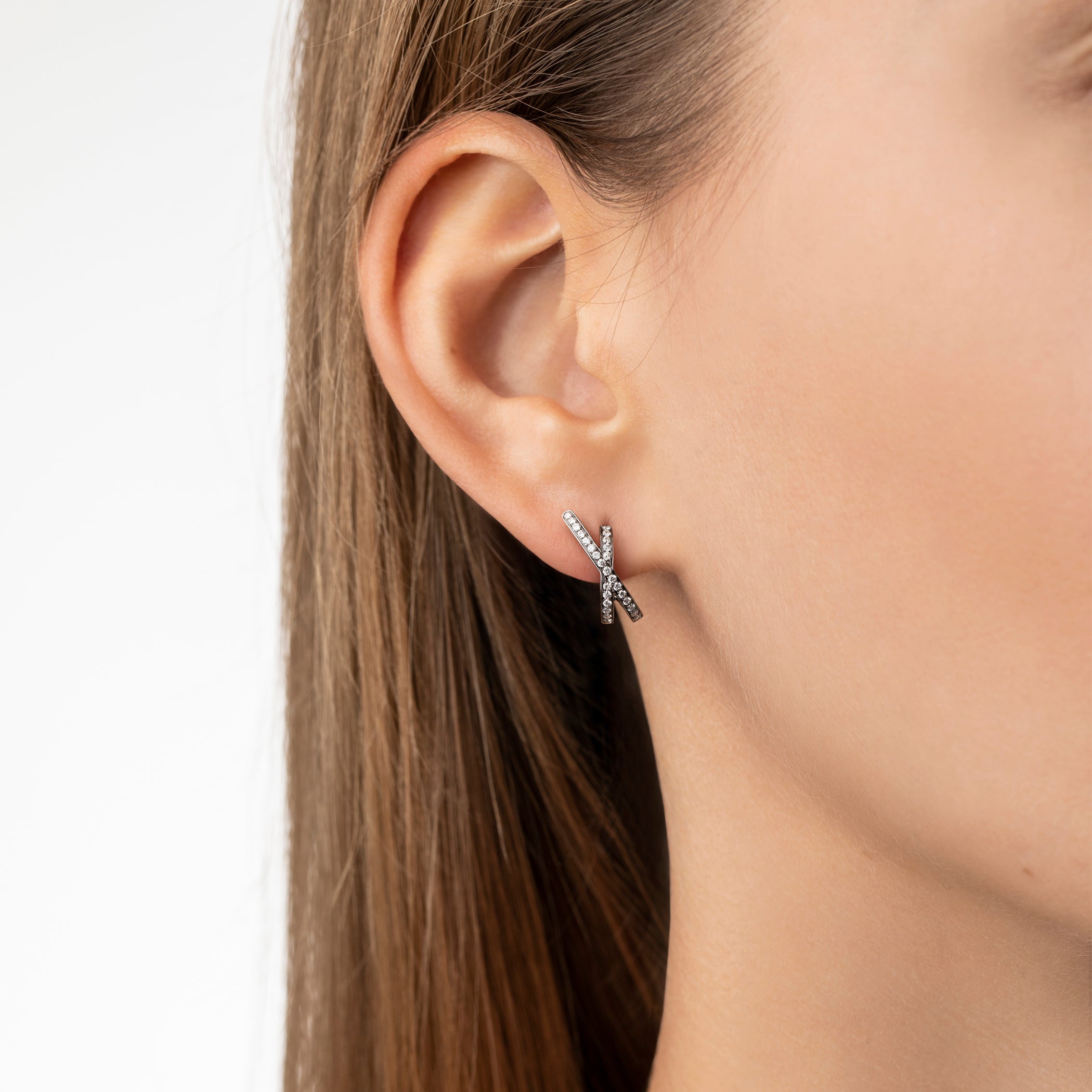 Small Orbit Hoops in 18K Blackened White Gold with White Diamonds