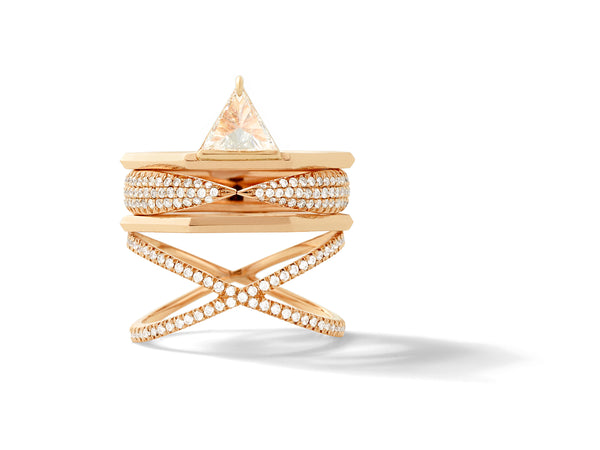 Trillion Queen Ring in 18K Rose Gold with Inverted  White Diamonds with Bevel Detail